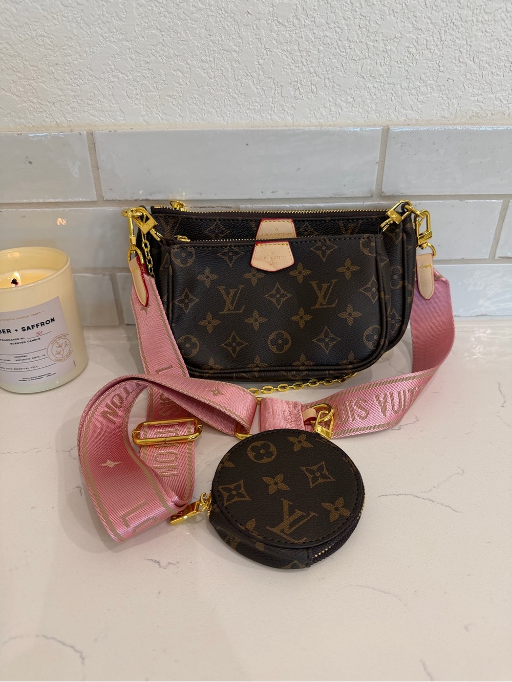 Source Unknown Brown Monogram Shoulder Bag with Pink Strap